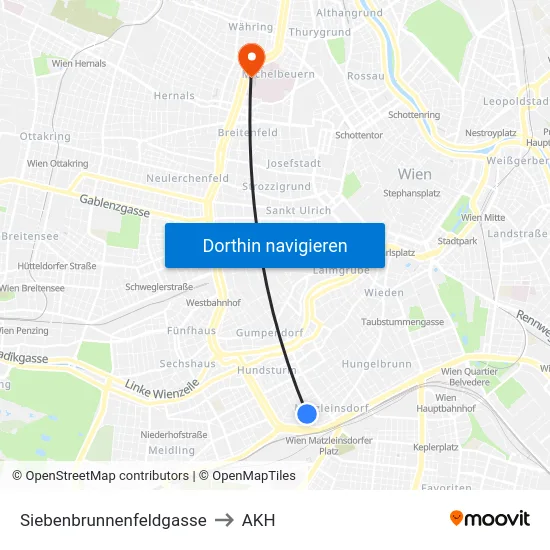 Siebenbrunnenfeldgasse to AKH map