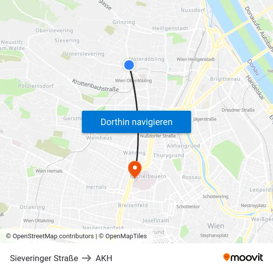 Sieveringer Straße to AKH map