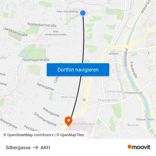 Silbergasse to AKH map