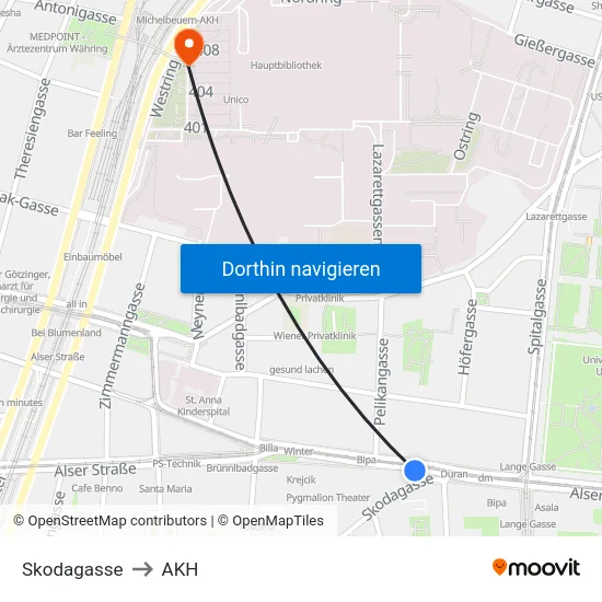 Skodagasse to AKH map