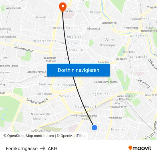 Fernkorngasse to AKH map