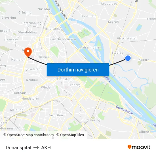 Donauspital to AKH map