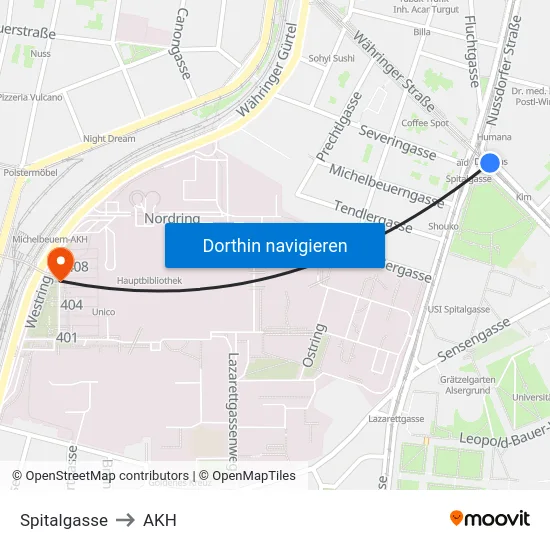 Spitalgasse to AKH map