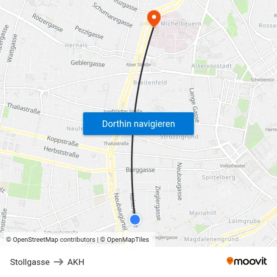 Stollgasse to AKH map