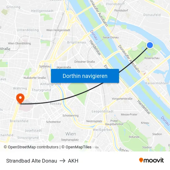 Strandbad Alte Donau to AKH map