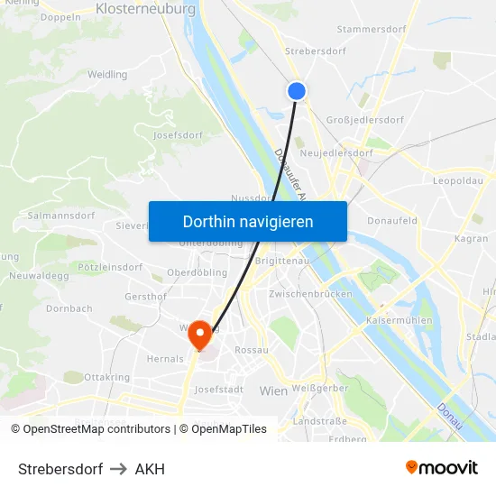 Strebersdorf to AKH map