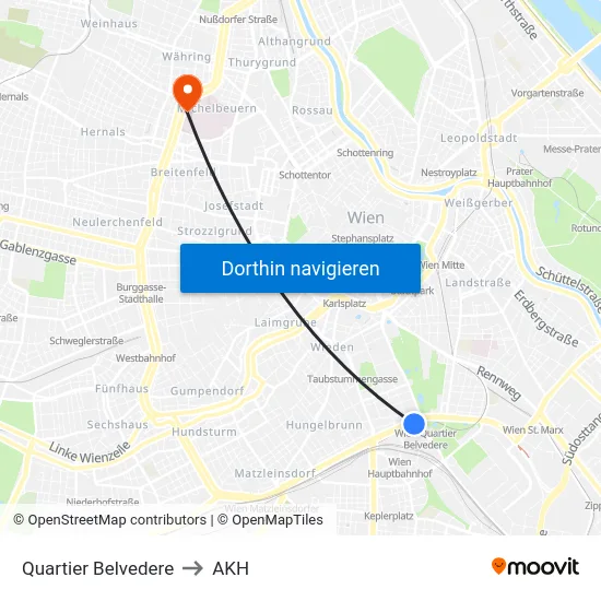 Quartier Belvedere to AKH map