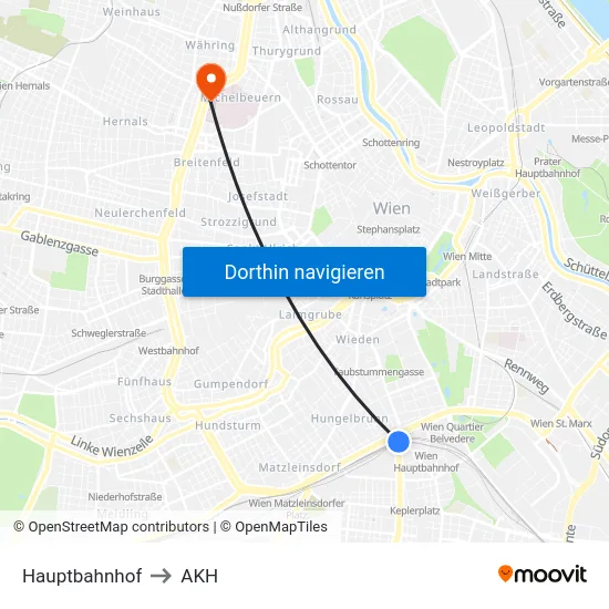 Hauptbahnhof to AKH map