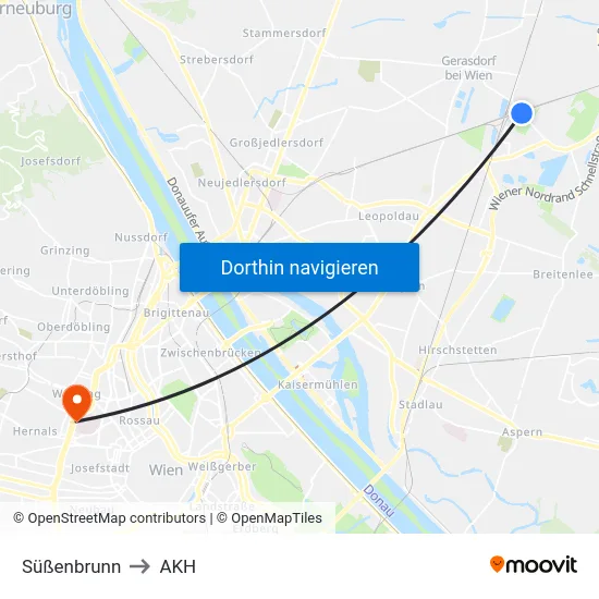 Süßenbrunn to AKH map
