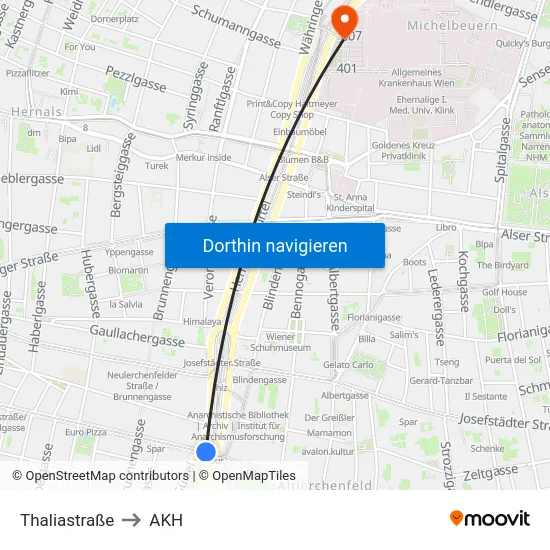 Thaliastraße to AKH map