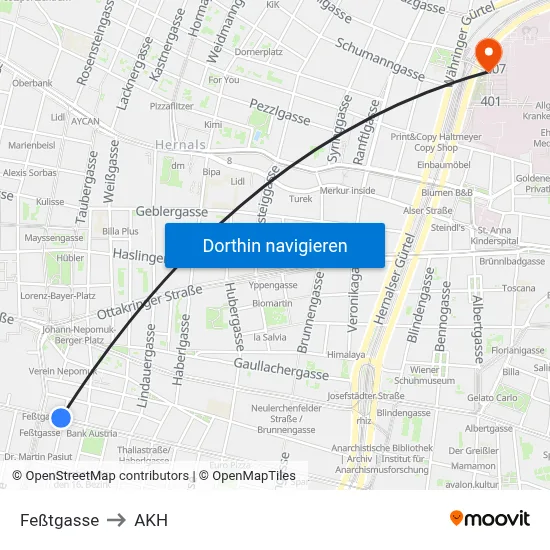 Feßtgasse to AKH map