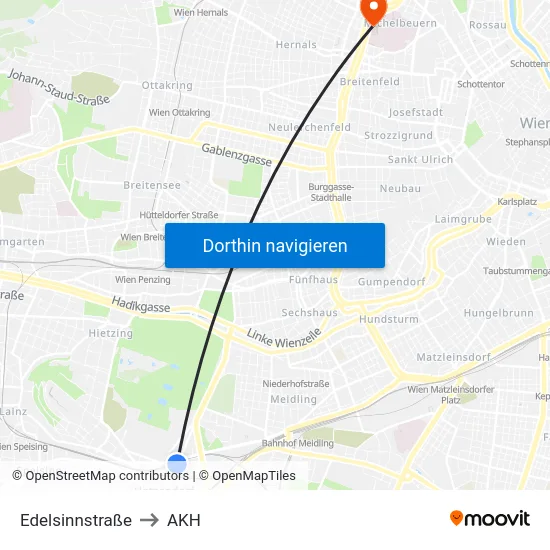 Edelsinnstraße to AKH map
