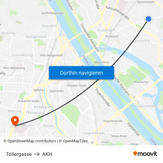 Töllergasse to AKH map