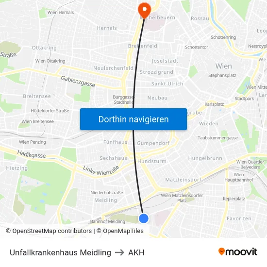 Unfallkrankenhaus Meidling to AKH map