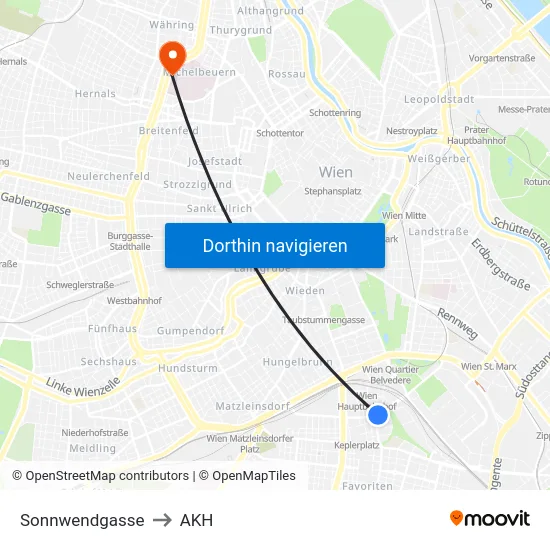 Sonnwendgasse to AKH map