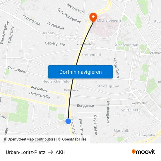 Urban-Loritz-Platz to AKH map