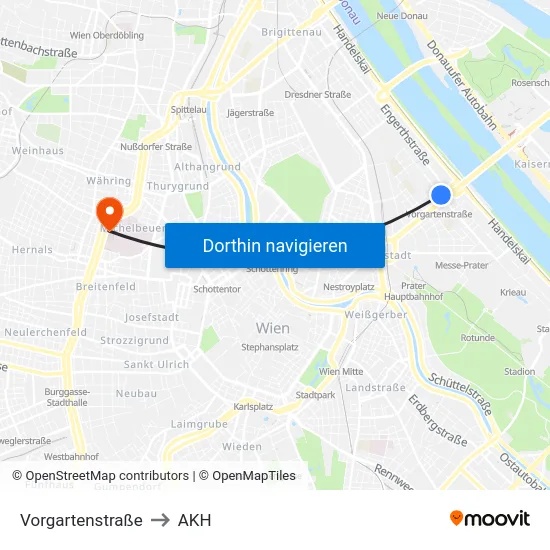 Vorgartenstraße to AKH map