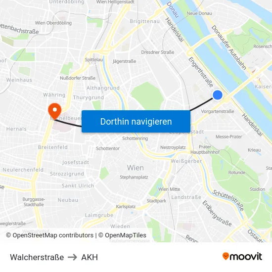 Walcherstraße to AKH map