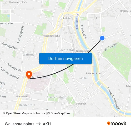 Wallensteinplatz to AKH map