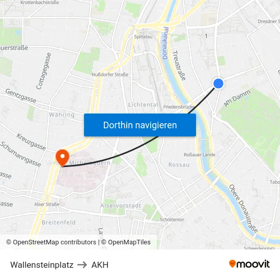 Wallensteinplatz to AKH map