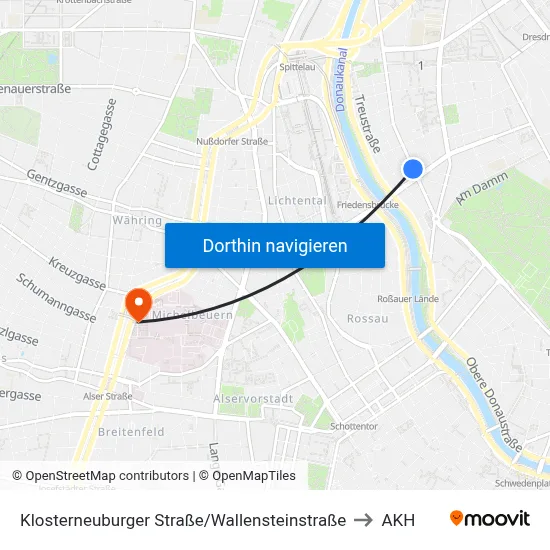 Klosterneuburger Straße/Wallensteinstraße to AKH map