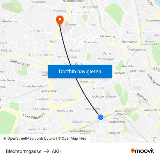 Blechturmgasse to AKH map