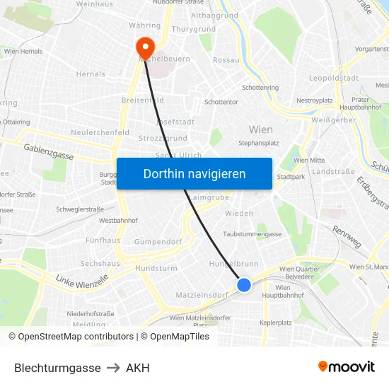 Blechturmgasse to AKH map