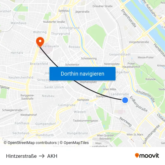 Hintzerstraße to AKH map