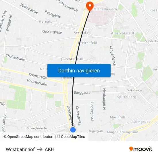 Westbahnhof to AKH map