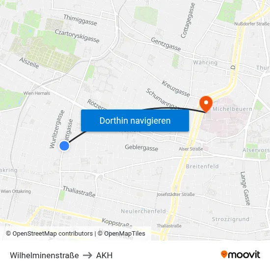 Wilhelminenstraße to AKH map