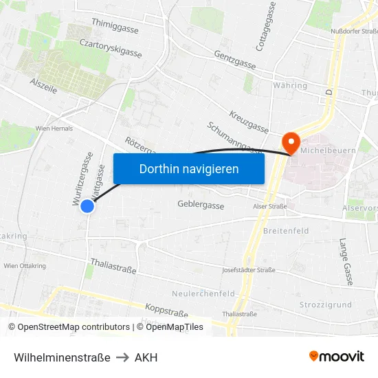 Wilhelminenstraße to AKH map
