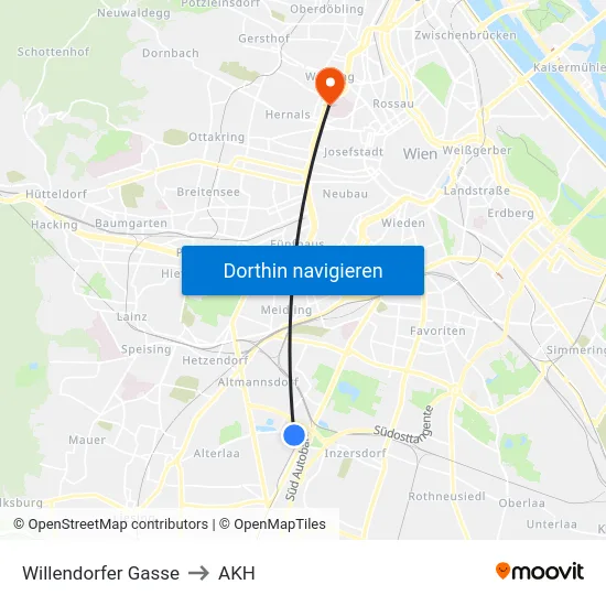 Willendorfer Gasse to AKH map