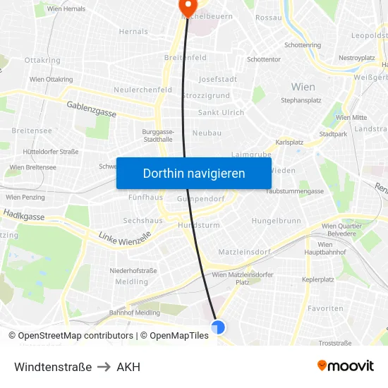 Windtenstraße to AKH map