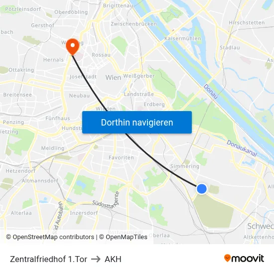 Zentralfriedhof 1.Tor to AKH map