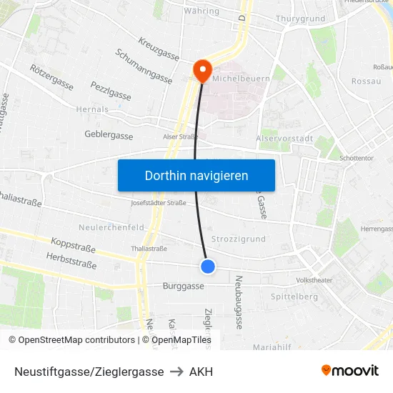 Neustiftgasse/Zieglergasse to AKH map