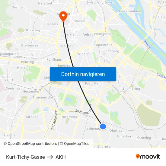 Kurt-Tichy-Gasse to AKH map