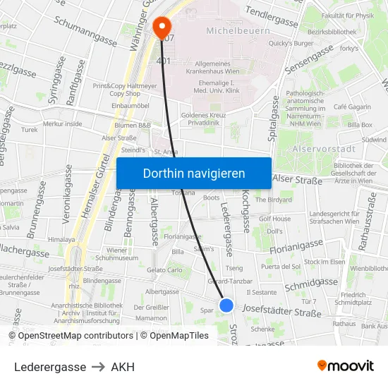 Lederergasse to AKH map
