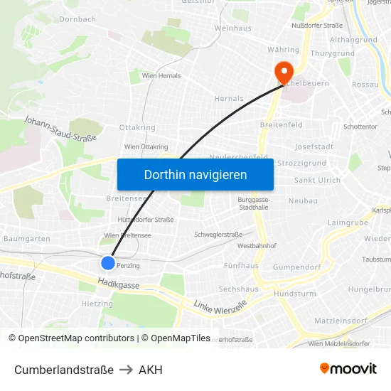 Cumberlandstraße to AKH map
