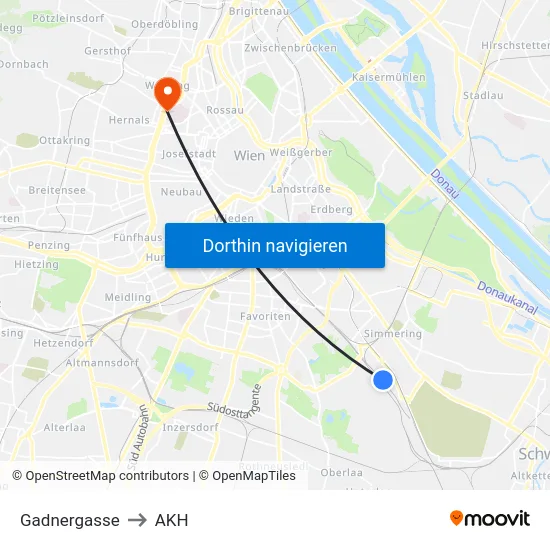 Gadnergasse to AKH map