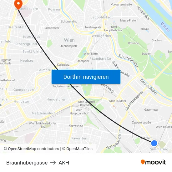 Braunhubergasse to AKH map