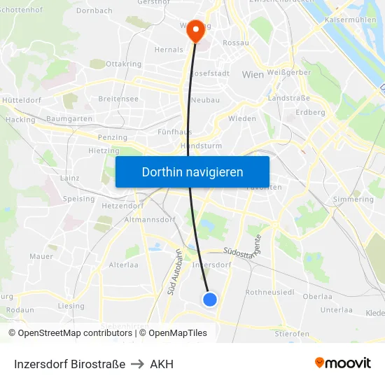 Inzersdorf Birostraße to AKH map