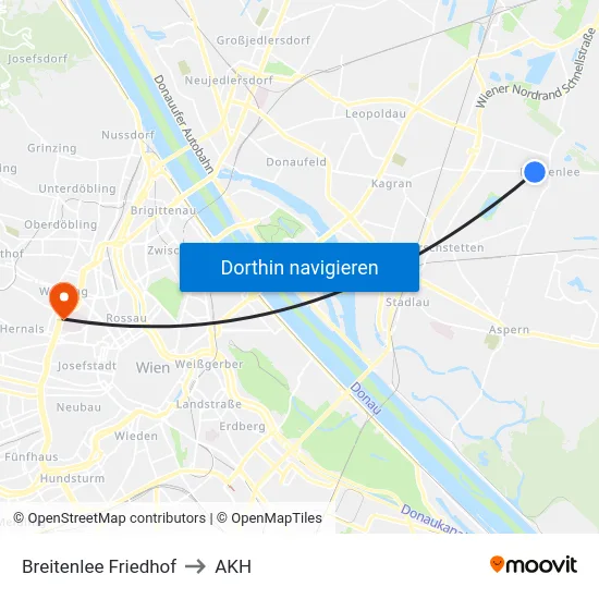 Breitenlee Friedhof to AKH map