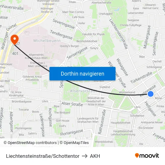 Liechtensteinstraße/Schottentor to AKH map