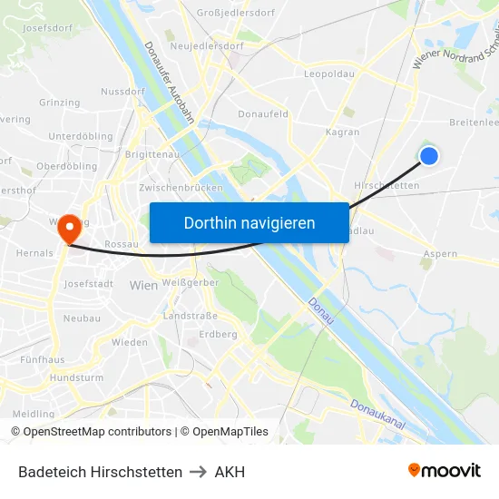 Badeteich Hirschstetten to AKH map