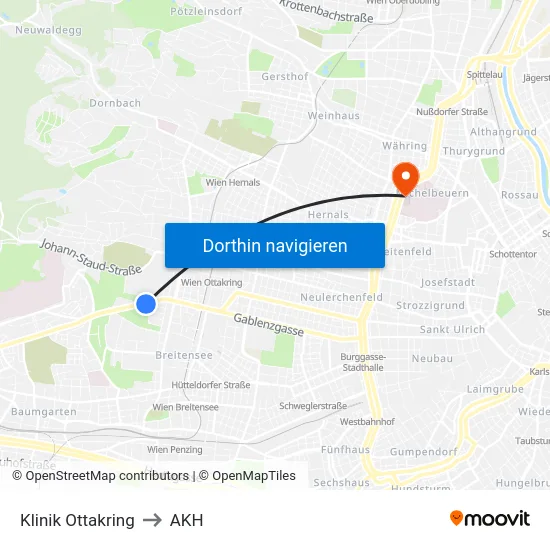 Klinik Ottakring to AKH map