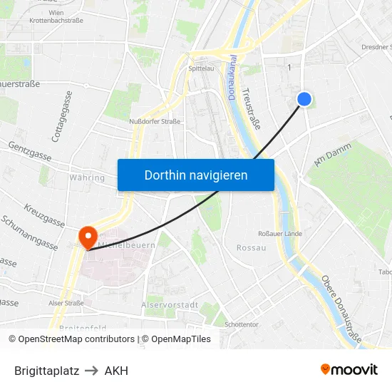 Brigittaplatz to AKH map