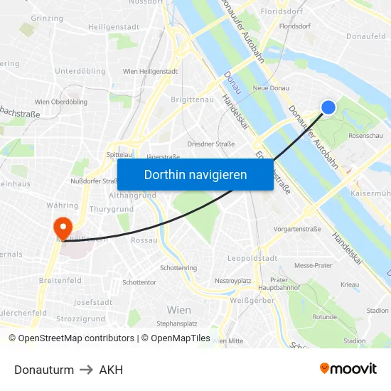 Donauturm to AKH map