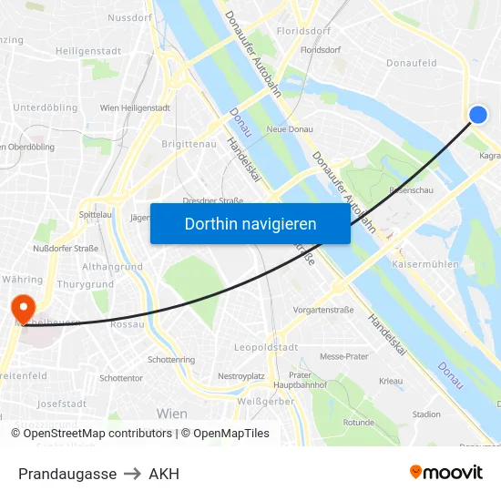 Prandaugasse to AKH map