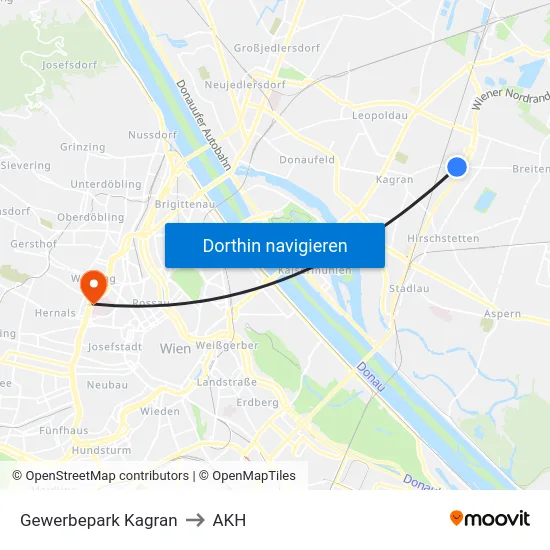 Gewerbepark Kagran to AKH map