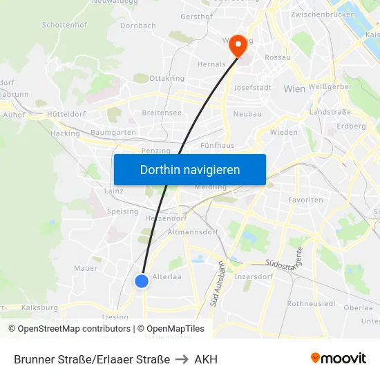 Brunner Straße/Erlaaer Straße to AKH map